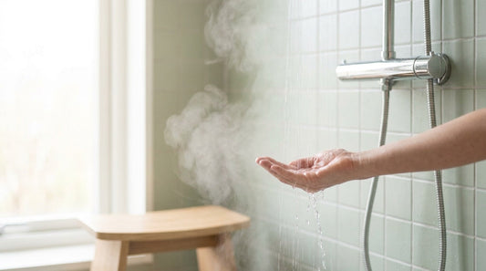 Ruka pod proudem vody ze sprchové hlavice v páře, světlá koupelna